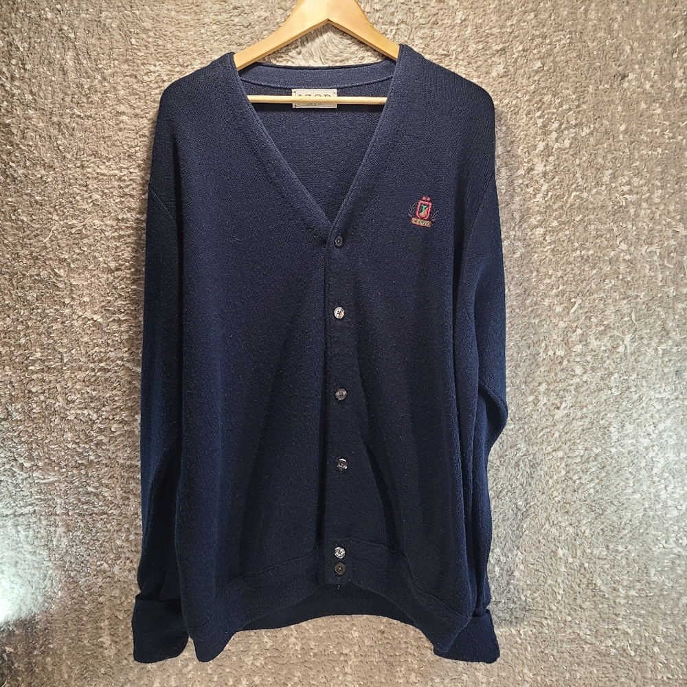 Vtg Izod Cardigan Sweater V-Neck Button Up Blue Lapel Crest Logo L Preppy